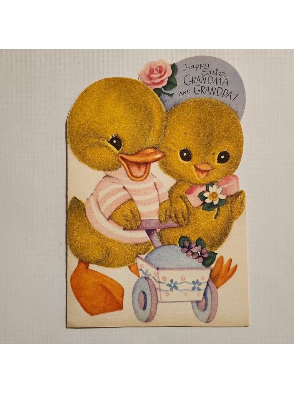 VINTAGE RUST CRAFT Greeting Card HAPPY EASTER Chicks Pushing a Wagon